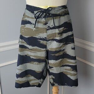 VOLCOM Men's Green Black Camo Printed Tie Front Surf Board Shorts Swim Trunks